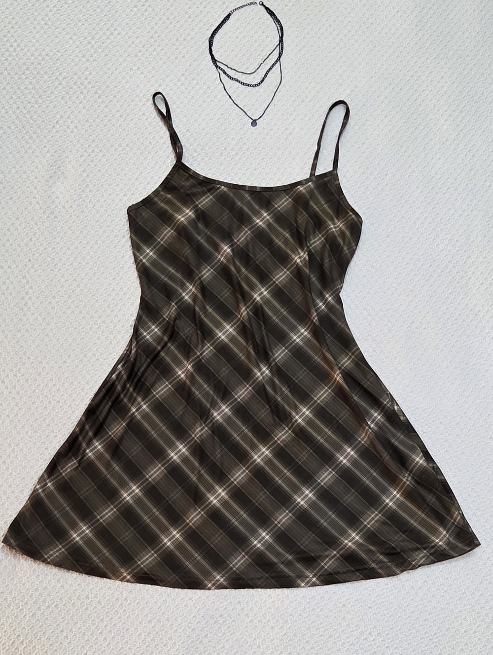 Plaid Spaghetti Strap Slip Dress Size L w. Black Minimalist 3 Layer Necklace 11"